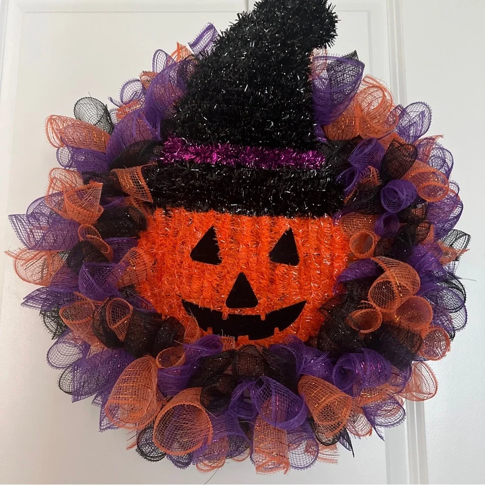 Homemade Halloween Pumpkin Decorative Mesh Purple, Orange and Black wreath
